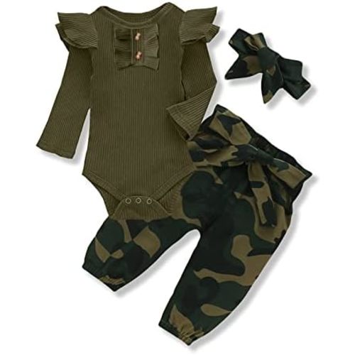 Kislio Newborn Baby Girls Clothes Ribbed Ruffled Romper+Floral Pants+Headband Infant Outfit Set