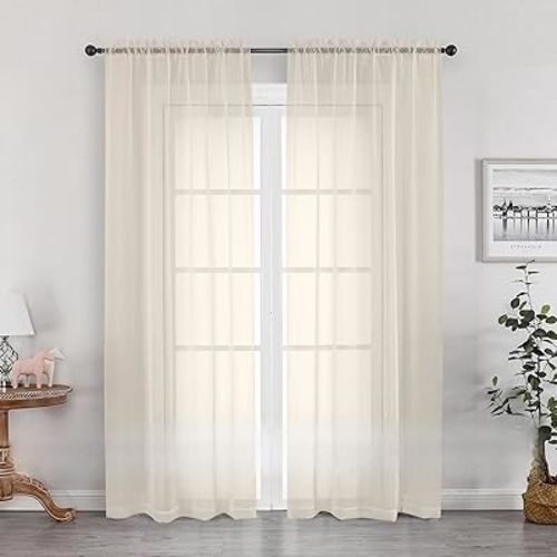 OWENIE Sheer Curtains 72 Inches Long 2 Panels Set, Light Filtering Sheer Curtain Rod Pocket Clear Drapes for Living Room Bedroom Window Sliding Door, Each 42 x 72 Inch, Cream