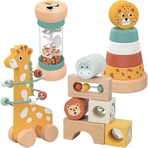 Nene Toys Montessori Toys for 1 Year Old – 4-in-1 Wooden Sensory Toy Set with Stacking Rings, Rainmaker, Giraffe Bead Maze & Activity Blocks – Educational Gift for Toddlers, Boys & Girls Age 1+
