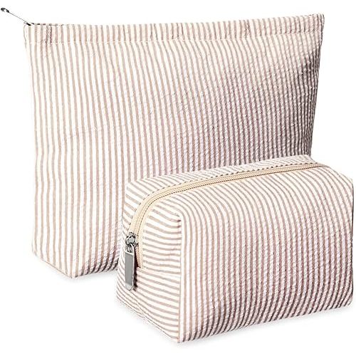 Huhumy 2 Pcs Makeup Bag Set Cute Cosmetic Pouch for Women Seersucker Travel Toiletry Bag Preppy Small Makeup Purse Pouch Aesthetic Skincare Brushes Storage Organizer for Valentine Women(Khaki)