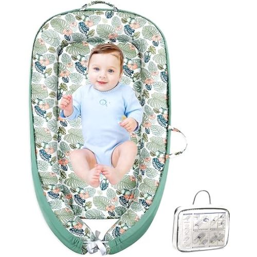 Portable Baby Lounger for Supervised Play and Rest, Soft Breathable Infant Mat for Tummy Time, Home, Travel, Baby Gifts- Leaf