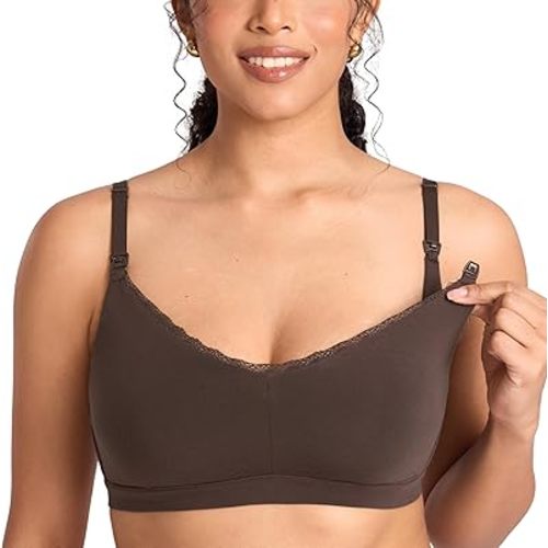 MOMANDA Lace Cotton Nursing Bras for Breastfeeding V Neck Wireless Nursing Sleep Bralettes Ultra Soft