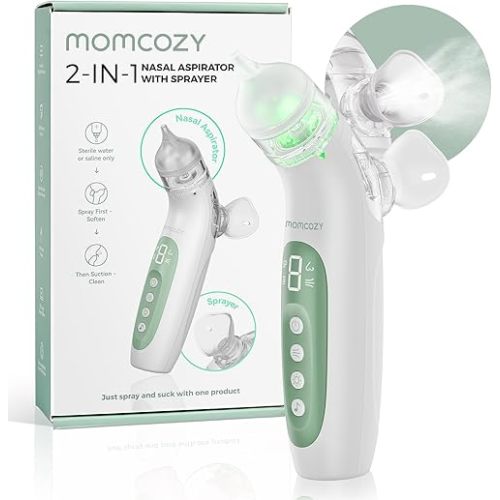 Momcozy Nasal Aspirator for Baby, Upgraded 2-in-1 Electric Nasal Aspirator with Spray,65kPa Nose Sucker with 4 Adjustable Suction Levels,Portable Electric Nose Cleaner,Light & Music Soothing Functions