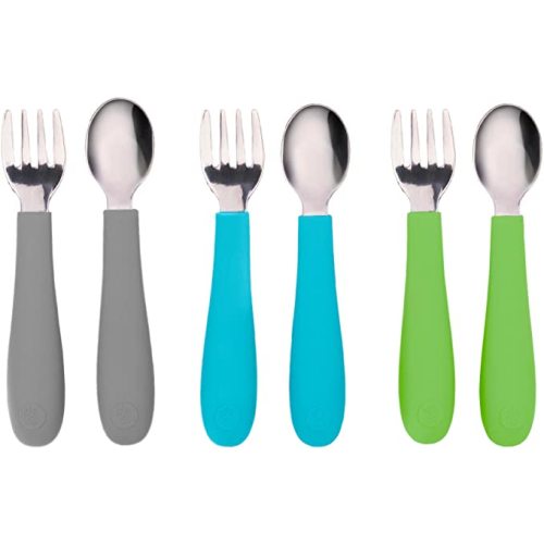 WeeSprout Toddler Utensils, 3 Forks & 3 Spoons, 18/8 Stainless Steel & Food Grade Silicone, Thick Easy-Grip Handles, Perfect Length For New Self Feeders, Gentle On Gums & Teeth, Dishwasher Safe - Bright Blue, Green, Gray