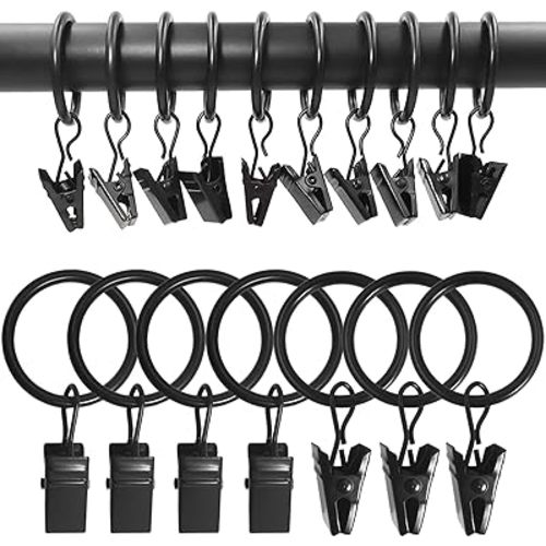 100 Pack Metal Curtain Rings with Clips, Drapery Clips with Rings, Drapes Rings 1 in I D, Fits Diameter 6/8 in Curtain Rod, Black