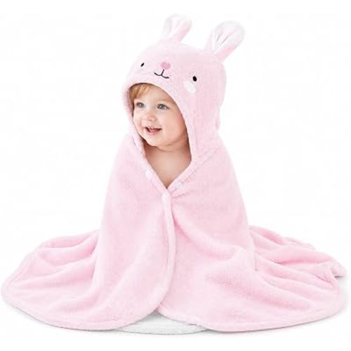 ROMASA Toddler Hooded Bath Towel Ultra Soft Towel Highly Absorbent Bathrobe Blanket for Boys Girls- 27.5" x 55"(Pink Rabbit-Shape)