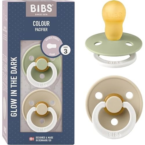 BIBS Pacifiers Colour Collection | Natural Rubber Baby Pacifier | Set of 2 BPA-Free Soothers | Made in Denmark | 18+ Months (Pack of 2) | Sage Glow/Vanilla Glow