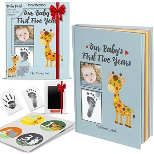 NOVARENA Keepsake Memory Book for Baby Boy or Girl Timeless First 5 Year Baby Book A Milestone Baby Book from Birth to Age 5 Gender Neutral Journal Scrapbook Photo Album Stickers Baby Ink Pad