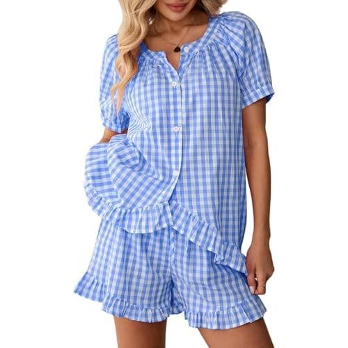 WOWULOVELY Womens Short Sleeve Gingham Pajama Set 2 Piece Button Down Plaid Cotton Shirt and Leg Pants Ruffle Pjs Set