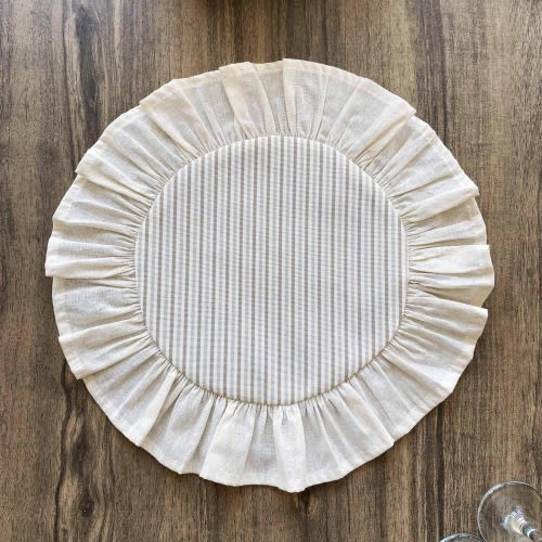 Ruffled Linen Placemat: Striped Beige Farmhouse Table Mat
