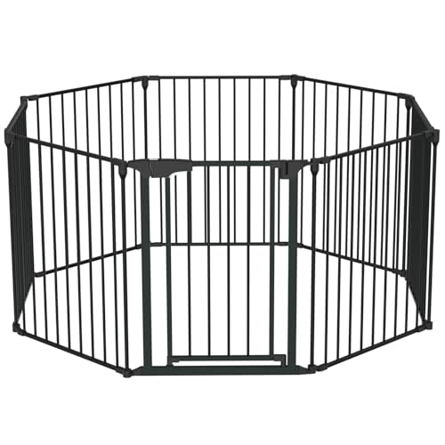Bonnlo 188'' Wide Baby Gate Playpen 8 Panel Adjustable Play Yard Metal Dog Gate with Door Fireplace Christmas Tree Fence for Pet/Child/Toddler