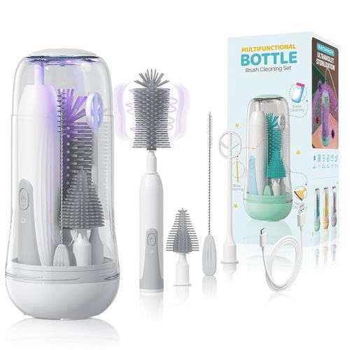 IvyWind Electric Travel Baby Bottle Brush Set, Gray | Storage Box, Automatic Bottle Cleaner Brush Kit, Silicone Bottle/Nipple/Straw Brush, Milk Frother Electric & Drainage Rack
