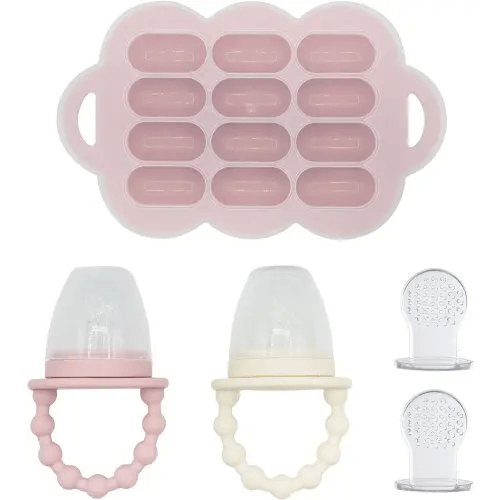 WeeSprout Baby Food Feeder Set - 2 Silicone Feeders & Reusable Freezer Tray with Lid - BPA-Free Fresh Fruit & Veggie Pacifier for Babies & Toddlers - Double as Teething Toys - Dishwasher Safe