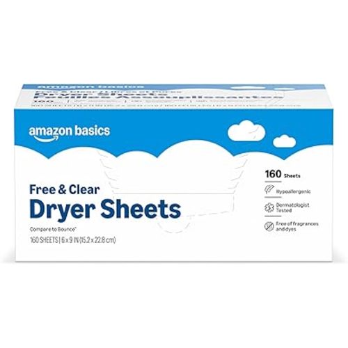 Amazon Basics Dryer Sheets, Free & Clear, Laundry Fabric Softener, Hypoallergenic, 160 Count
