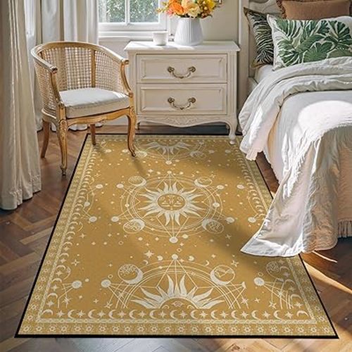 Large Sun and Moon Rug Boho Celestial Area Rugs for Bedroom Dorm Living Room Bohemian Occult Crescent Solar Stars Galaxy Floor Mat Pad Doormat Carpet,71" X 47",Aztec Gold