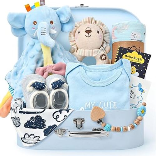 Golray 9pcs Baby Shower Gifts for Boys Newborn Kit From Auntie, Blanket/Elephant Soothe/Rattle/Baby Book/Onesies/Bib/Sock/Pacifier Clip, Baby Essentials Stuff Gift for Newborn Boy Nephew Friend Newmom