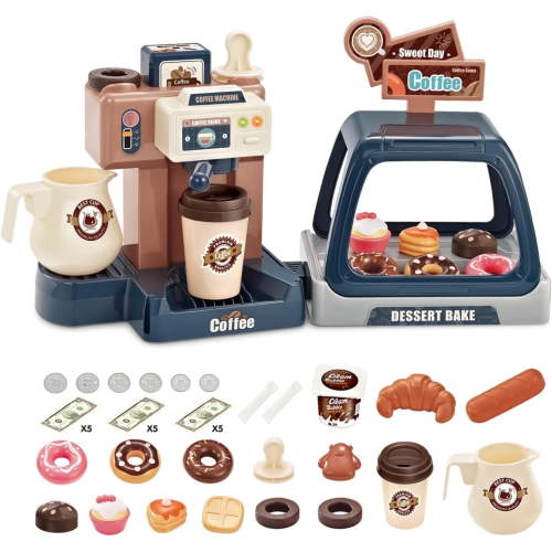 Tea Party Kids Coffee Maker Playset, Cash Register Pretend Play Kitchen Toys for Girls 3-6 Year
