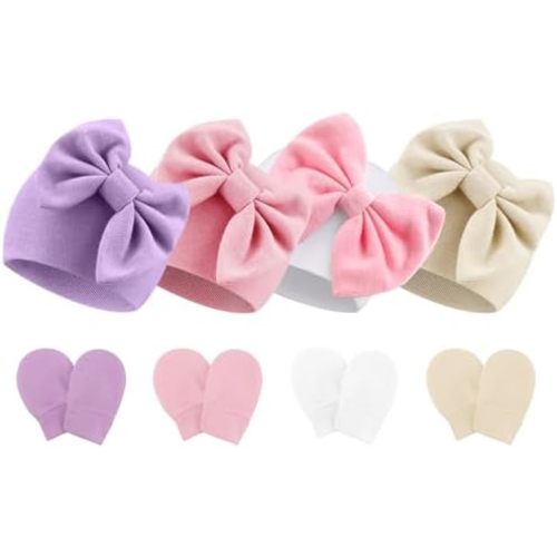 Newborn Baby Hats and Mittens Set Infant Bow Beanie Cap Toddler Gloves Newborn Hospital Hats for Baby Boy Girl 0-6 Months