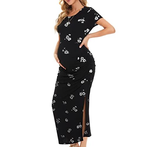 Smallshow Women's Split Long Maternity Dress Short Sleeve Ruched Pregnancy Clothes