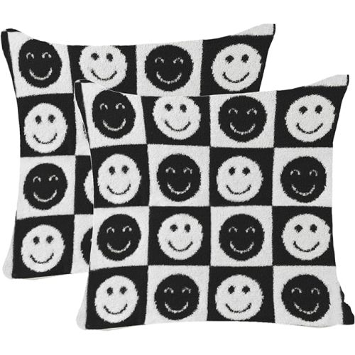 NIDITW Set of 2 Soft Smiling Face Checkerboard Throw Pillow Cover Microfiber Chessboard Gingham Square Cushion Case Cozy Fluffy Checkered Knit Pillowcase for Sofa Couch 18x18 Inches (Smiling Black)