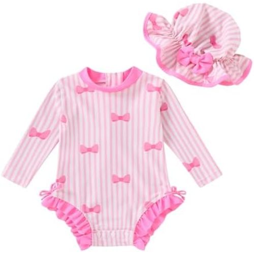 Infant Baby Girl Swimsuit Long Sleeve Bathing Suit with Hat