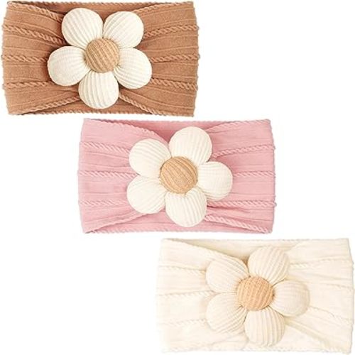 CÉLLOT Baby Flower Headbands Baby Girls Nylon Headbands Stretchy Hairbands Handmade Hair Accessories (Pink,Brown,Beige)