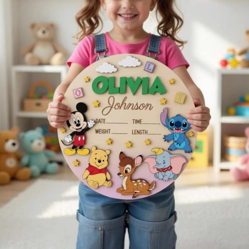 Personalized Disney Baby Announcement Wooden Sign,Custom Name Birth Stats Sign,Mickey Pooh Stitch Bambi Dumpo Nursery Decor,Baby Name Plaque