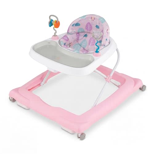 BABY JOY Baby Walker, Foldable Activity Walker with Adjustable Height, Large Tray & Removable Toys, Baby Walker with Wheels for Boys Girls 6-12 Months (Pink)