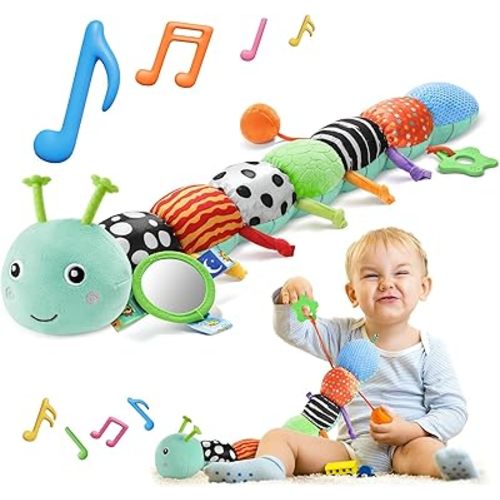 HEMRLY Baby Sensory Toy 0-6 Months, Musical Stuffed Caterpillar Plush with Teether, Crinkle, Rattle, Baby Mirror for Tummy Time, Infant Car Seat Toy for 0-3-6-12 Month Boys Girls Gifts - Knotted Blue