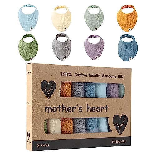 Mother's Heart Bandana Drool Bibs - Natural Cotton Muslin Baby Bibs - Highly Absorbent Polyester-Free and Plastic-Free for Teething - Set of 8 Solid Color Bandanas for Boys & Girls