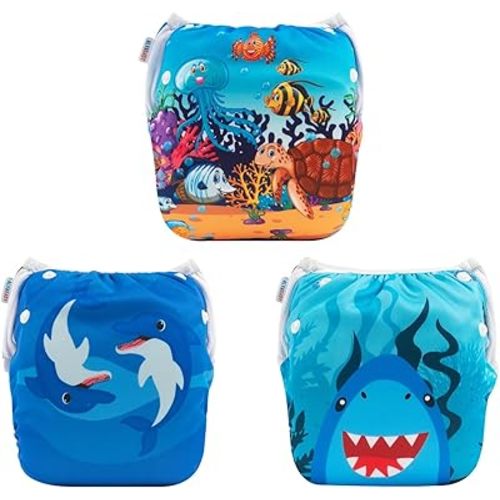 ALVABABY Swim Diapers 3pcs Baby & Toddler Snap One Size Reusable Adjustable Baby Boy 3SWY35