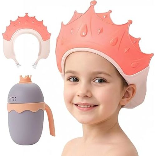 Baby Shower Cap with Bath Rinse Cup, Baby Toddler Hair Washing Shield, Adjustable Silicone Bath Visor for Toddlers, Shower Hat for Kids 1-9 Years, Pink Crown