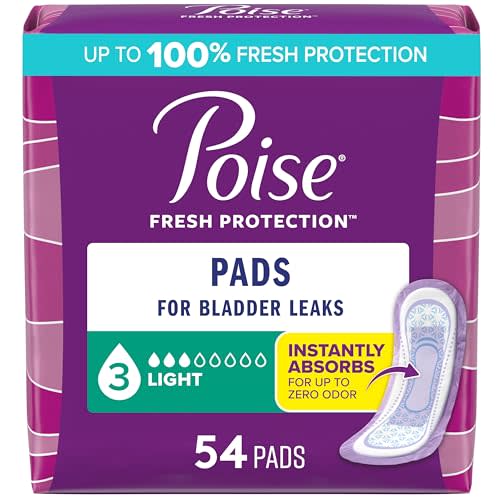 Poise Incontinence & Postpartum Pads for Bladder Leaks, 3 Drop Light Absorbency, Regular Length, 54 Count, Packaging May Vary