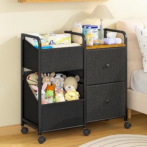 Baby Diaper Caddy Organizer Cart with Wheels, Rolling Cart with Dividers and Drawers, Mobile Utility Cart Bedside for Nursery, Bedroom, Baby Newborn Essentials Storage Cart, Black