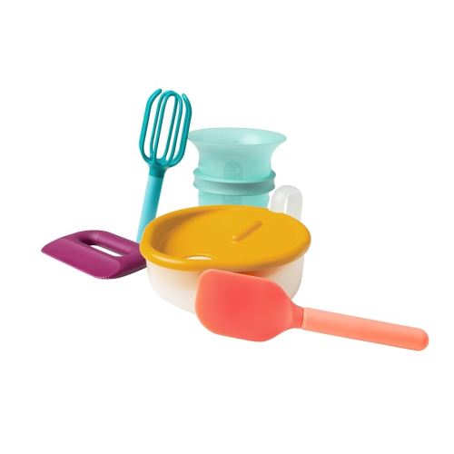 Boon Intro Toddler Food Prep Set - Kids' Kitchen Tools - 5 Unique Toddler Kitchen Accessories Includes Spatula, Egg Cracker, Chopper, Measuring Cup, Bowl - Ages 3+ Years