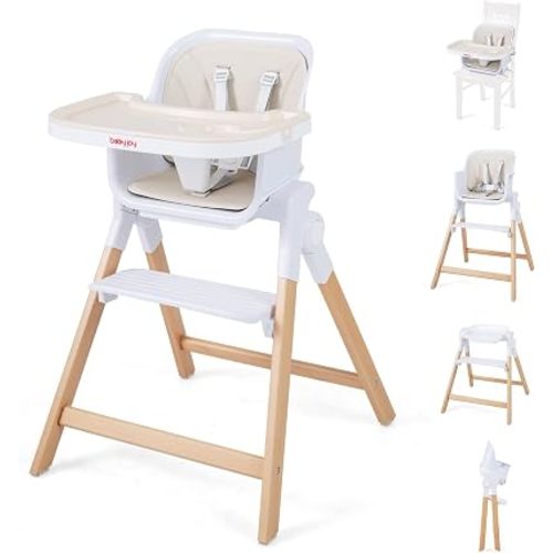 BABY JOY 4-in-1 Convertible High Chair, Foldable Wooden Highchair for Babies and Toddlers | Dining Booster Seat | High Stool, Double Removable Tray, 5-Point Safety Harness & Easy Clean Cushion (Beige)
