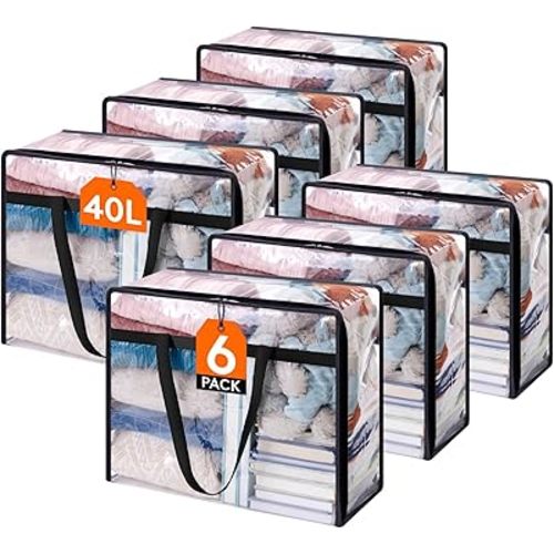 Lifewit 6 Pack Clear Clothes Storage Bags, 40L Plastic Blanket Storage Bag, Vinyl Foldable Moving Bags with Zipper, Closet Organizers and Storage Containers for Bedding, Duvet, Comforter