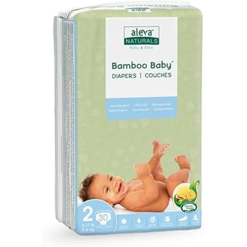 Aleva Naturals Hypoallergenic Bamboo Baby Diapers for Baby, Ultra Soft, Sensitive Skin Friendly, Biodegradable, Disposable– Size 2 (6-17 lbs/3-8 kg) | 30ct