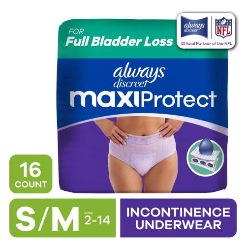Always Discreet Adult Diapers for Women, MaxiProtect, Incontinence Underwear, Maximum Plus Absorbency, Size S/M, 16 Count HSA/FSA Eligible