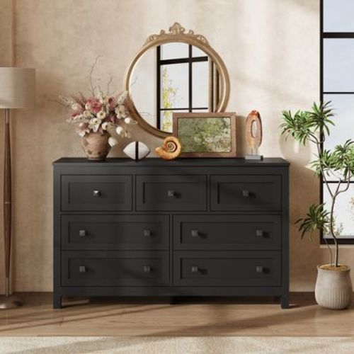 DEXYLLO Farmhouse Dresser for Bedroom, 51.18'' Wide 7 Drawer Wood Dresser, TV Stand for 65 inch TV, Wooden Chest of Drawers for Bedroom, Black