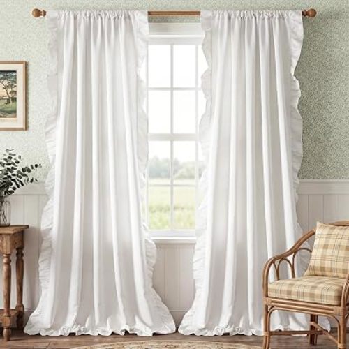 Romantic White Ruffle Curtains 52x96 Long 2 Panels