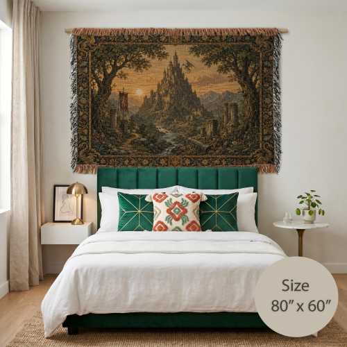 Woven Castle Dragon Tapestry, Medieval Fantasy Wall Art, Dark Academia Decor