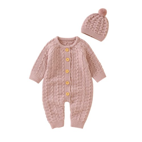 Infant Baby Boys Girls Knitted Sweater Romper Long Sleeve Button Jumpsuit with Hat Fall Winter Warm Clothes