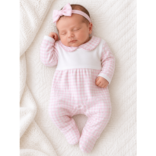 Baby Girls White Pink Footed Onesie Pink Gingham Check - Hiccups Children's Boutique
