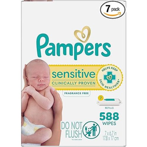 Pampers Baby Wipes Sensitive, Water Based Wipes, Hypoallergenic and Unscented for Babies, 588 Wipes Total (7 Refill Packs)