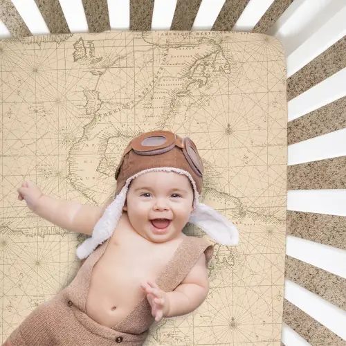 Explore Baby Fitted Crib Sheet with Map Print, Adventure Explore Travel Theme Soft Infant Bedding Fits Standard Crib Mattress Cotton Tan Nursery Decor Baby Boys and Girls Unisex