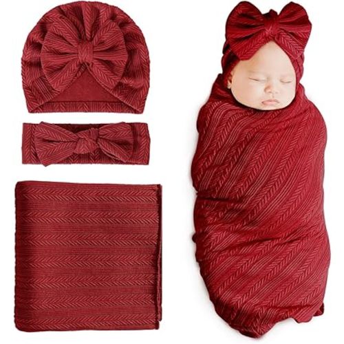 DRESHOW BQUBO Newborn Receiving Blanket Toddler Warm for Girls with Bow Hat and Bow Headband Shower Gift
