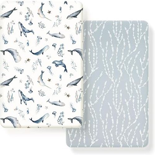 GRSSDER Stretchy Ultra Soft Jersey Knit Fitted Pack n Play Sheets Set 2 Pack, Portable/Mini Crib Mattresses for Boys and Girls, Universal Fit for Pack N Plays Pads Safe and Snug