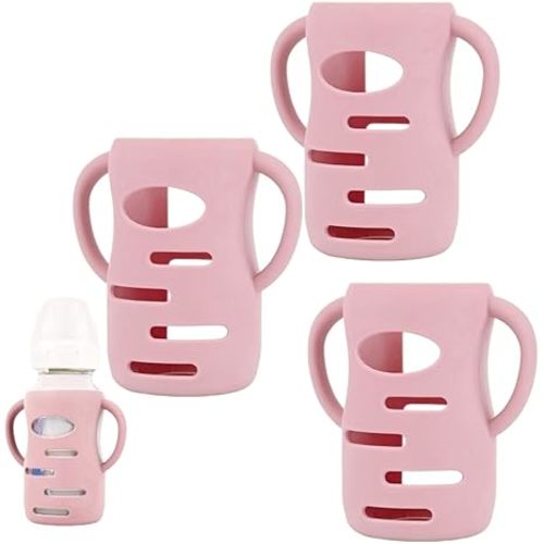 3 Pack Silicone Sleeves Compatible with Dr Brown Wide-Neck Glass Baby Bottles 9 OZ, 100% Silicone Handles for Sippy Cups for Toddlers 1-3,Anti Breakage (Pink, 9 OZ)