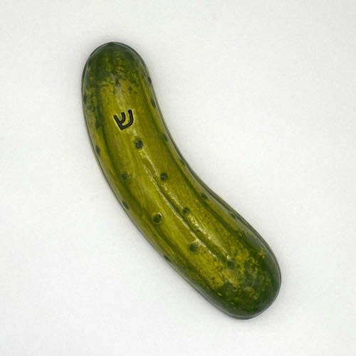 Pickle Mezuzah, handmade stoneware judaica shop, jewish home decor, sour pickle mezuzot, ceramic mezuzahs, jewish art